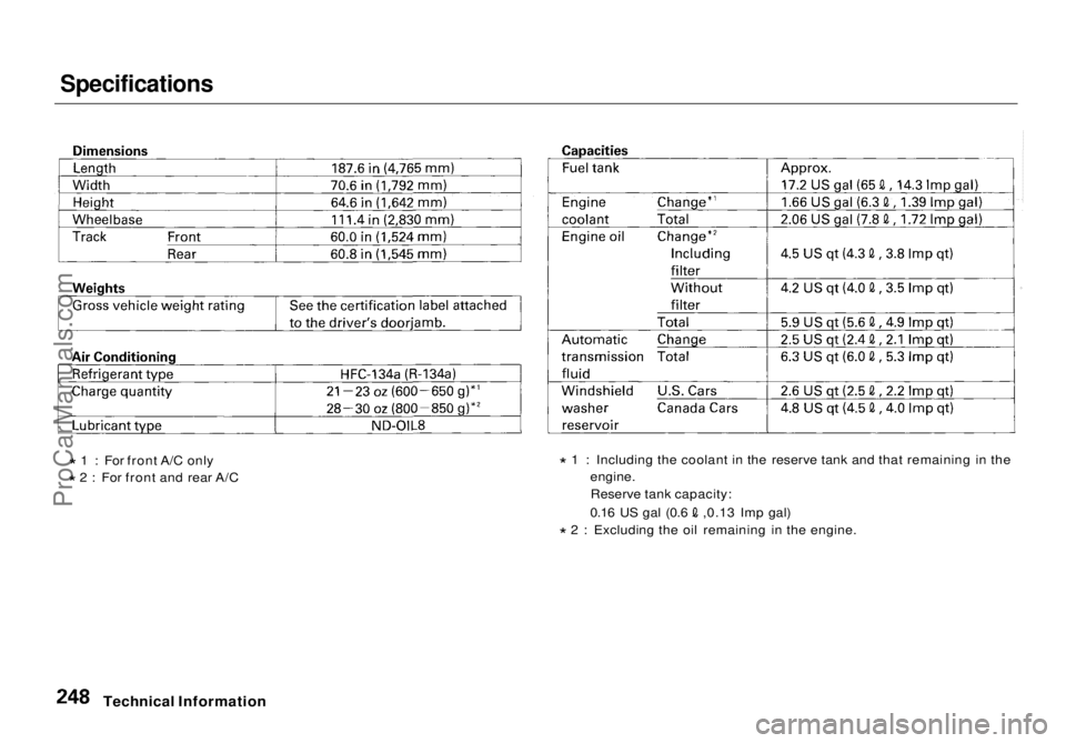 HONDA ODYSSEY 1998 Owners Manual Specifications
* 1 : For front A/C only
* 2 : For front and rear A/C *
1 : Including the coolant in the reserve tank and that remaining in the
engine.
Reserve tank capacity: 0.16 US gal (0.6 ,0.13 HONDA ODYSSEY 1998 Owners Manual Specifications
* 1 : For front A/C only
* 2 : For front and rear A/C *
1 : Including the coolant in the reserve tank and that remaining in the
engine.
Reserve tank capacity: 0.16 US gal (0.6 ,0.13