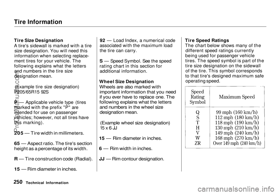 HONDA ODYSSEY 1998 Owners Manual Tire Information
Tire Size Designation
A tire's sidewall is marked with a tire
size designation. You will need this
information when selecting replace-
ment tires for your vehicle. The
following HONDA ODYSSEY 1998 Owners Manual Tire Information
Tire Size Designation
A tire's sidewall is marked with a tire
size designation. You will need this
information when selecting replace-
ment tires for your vehicle. The
following