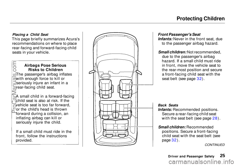 HONDA ODYSSEY 1998 Owners Manual Protecting Children
Placing a Child Seat
This page briefly summarizes Acura's recommendations on where to placerear-facing and forward-facing childseats in your vehicle.
Front Passenger's Se HONDA ODYSSEY 1998 Owners Manual Protecting Children
Placing a Child Seat
This page briefly summarizes Acura's recommendations on where to placerear-facing and forward-facing childseats in your vehicle.
Front Passenger's Se