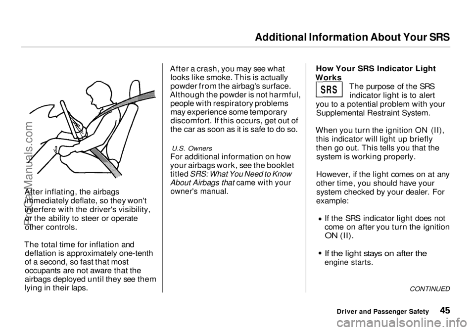 HONDA ODYSSEY 1998 Service Manual Additional Information About Your SRS
After inflating, the airbags immediately deflate, so they won't
interfere with the driver's visibility, or the ability to steer or operate
other controls HONDA ODYSSEY 1998 Service Manual Additional Information About Your SRS
After inflating, the airbags immediately deflate, so they won't
interfere with the driver's visibility, or the ability to steer or operate
other controls