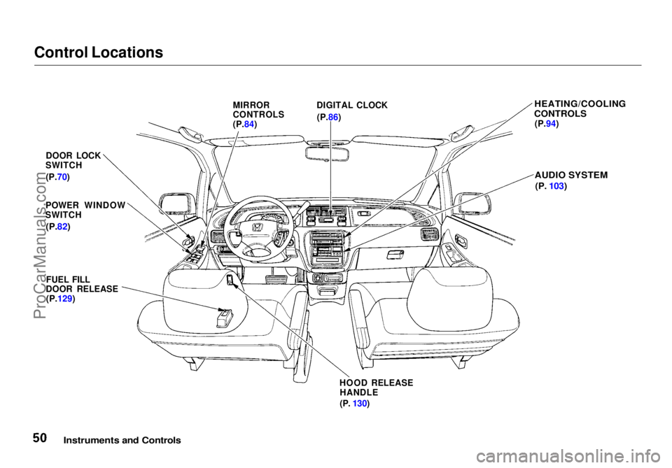 HONDA ODYSSEY 1998 Workshop Manual Control Locations
Instruments and Controls
MIRROR
CONTROLS
(P.84)
DIGITAL CLOCK
(P.86)
HEATING/COOLING
CONTROLS
(P.94)
AUDIO SYSTEM
(P.
103)
DOOR LOCK
SWITCH
(P.70)
POWER WINDOW
SWITCH
(P.82) HONDA ODYSSEY 1998 Workshop Manual Control Locations
Instruments and Controls
MIRROR
CONTROLS
(P.84)
DIGITAL CLOCK
(P.86)
HEATING/COOLING
CONTROLS
(P.94)
AUDIO SYSTEM
(P.
103)
DOOR LOCK
SWITCH
(P.70)
POWER WINDOW
SWITCH
(P.82)