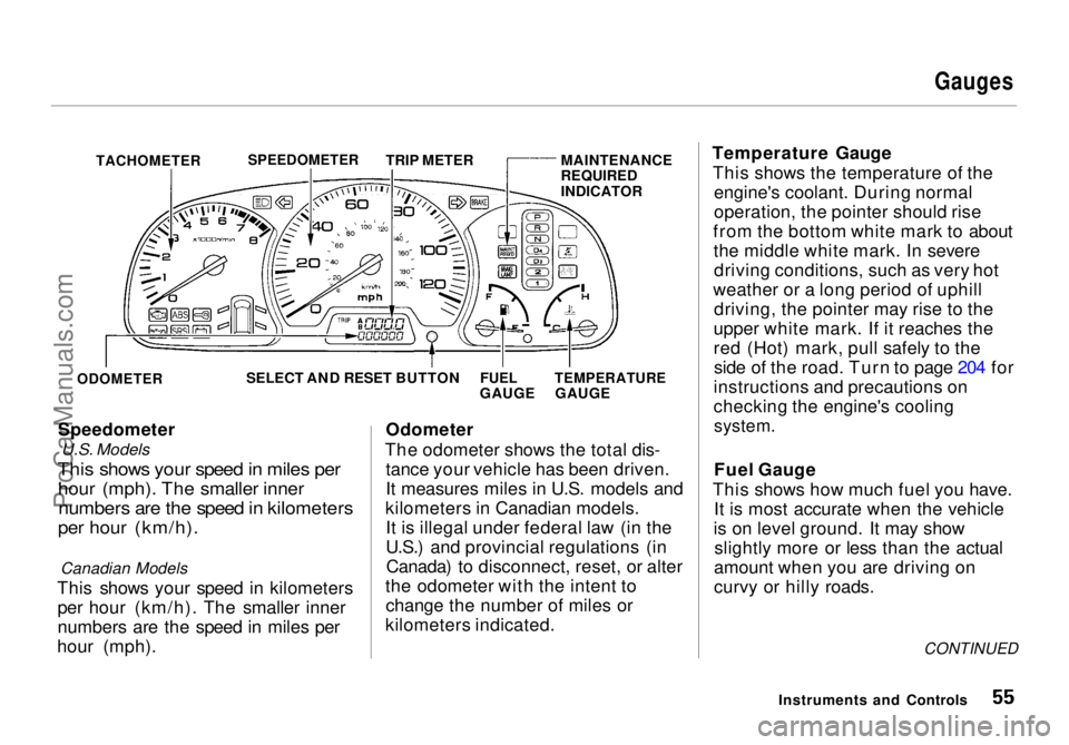HONDA ODYSSEY 1998 Workshop Manual
Gauges
TACHOMETER
Speedometer
U.S. Models
This shows your speed in miles per
hour (mph). The smaller inner
numbers are the speed in kilometers
per hour (km/h).
Canadian Models
This shows your HONDA ODYSSEY 1998 Workshop Manual
Gauges
TACHOMETER
Speedometer
U.S. Models
This shows your speed in miles per
hour (mph). The smaller inner
numbers are the speed in kilometers
per hour (km/h).
Canadian Models
This shows your