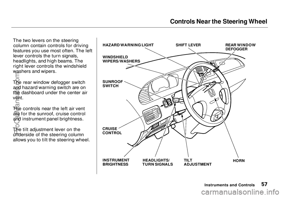 HONDA ODYSSEY 1998 Workshop Manual Controls Near the Steering Wheel
The two levers on the steering column contain controls for driving
features you use most often. The left lever controls the turn signals,
headlights, and high beams. HONDA ODYSSEY 1998 Workshop Manual Controls Near the Steering Wheel
The two levers on the steering column contain controls for driving
features you use most often. The left lever controls the turn signals,
headlights, and high beams.