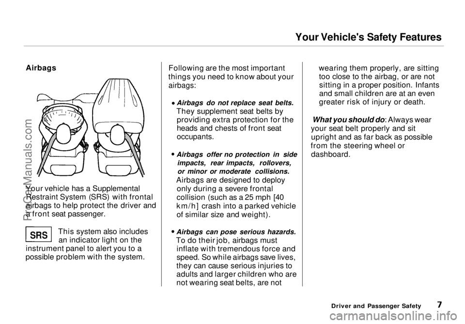 HONDA ODYSSEY 1998  Owners Manual Your Vehicle's Safety Features

Airbags
Your vehicle has a Supplemental Restraint System (SRS) with frontal
airbags to help protect the driver and
a front seat passenger.
This system also includes
