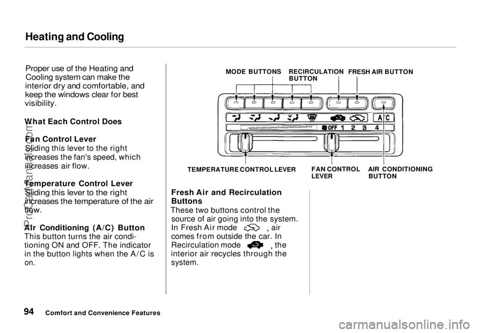 HONDA ODYSSEY 1998 Owners Manual Heating and Cooling
Proper use of the Heating and
Cooling system can make the
interior dry and comfortable, and
keep the windows clear for best
visibility.
What Each Control Does Fan Control Lev HONDA ODYSSEY 1998 Owners Manual Heating and Cooling
Proper use of the Heating and
Cooling system can make the
interior dry and comfortable, and
keep the windows clear for best
visibility.
What Each Control Does Fan Control Lev