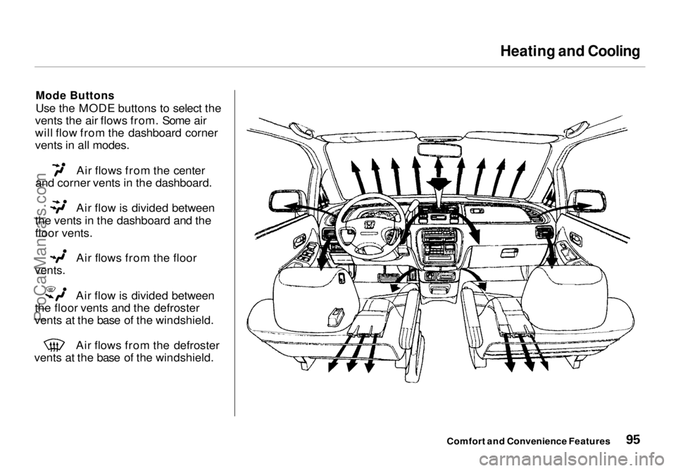 HONDA ODYSSEY 1998 Owners Manual Heating and Cooling
Mode Buttons
Use the MODE buttons to select the
vents the air flows from. Some air
will flow from the dashboard corner
vents in all modes. Air flows from the center
and corner ve HONDA ODYSSEY 1998 Owners Manual Heating and Cooling
Mode Buttons
Use the MODE buttons to select the
vents the air flows from. Some air
will flow from the dashboard corner
vents in all modes. Air flows from the center
and corner ve
