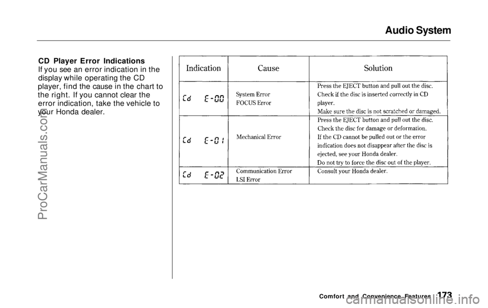 HONDA ODYSSEY 1999 Owners Manual Audio System
CD Player Error Indications
If you see an error indication in the display while operating the CD
player, find the cause in the chart to
the right. If you cannot clear the error indicatio HONDA ODYSSEY 1999 Owners Manual Audio System
CD Player Error Indications
If you see an error indication in the display while operating the CD
player, find the cause in the chart to
the right. If you cannot clear the error indicatio
