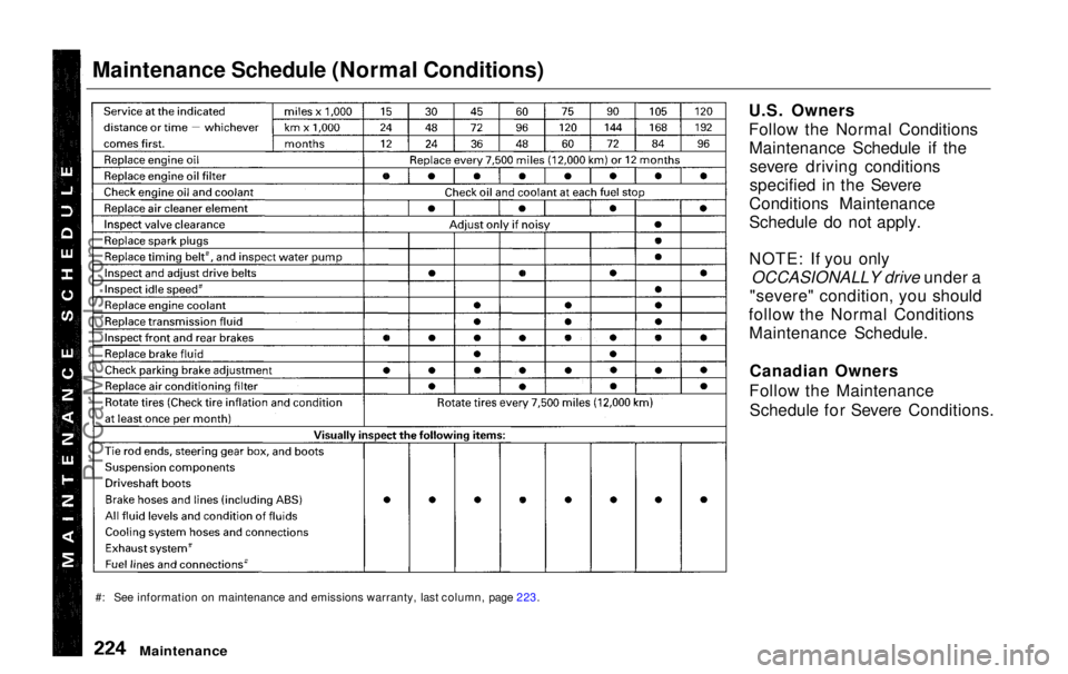 HONDA ODYSSEY 1999 Owners Manual Maintenance Schedule (Normal Conditions)
U.S. Owners
Follow the Normal ConditionsMaintenance Schedule if thesevere driving conditions
specified in the Severe
Conditions Maintenance
Schedule do not app HONDA ODYSSEY 1999 Owners Manual Maintenance Schedule (Normal Conditions)
U.S. Owners
Follow the Normal ConditionsMaintenance Schedule if thesevere driving conditions
specified in the Severe
Conditions Maintenance
Schedule do not app