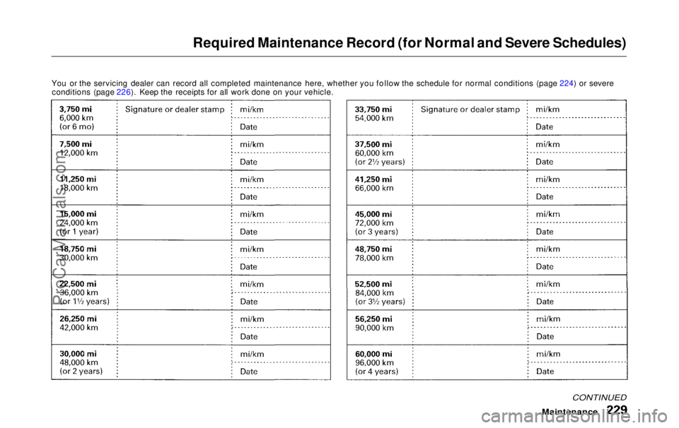 HONDA ODYSSEY 1999 Owners Manual
Required Maintenance Record (for Normal and Severe Schedules)
You or the servicing dealer can record all completed maintenance here, whether you follow the schedule for normal conditions (page 224) o HONDA ODYSSEY 1999 Owners Manual
Required Maintenance Record (for Normal and Severe Schedules)
You or the servicing dealer can record all completed maintenance here, whether you follow the schedule for normal conditions (page 224) o