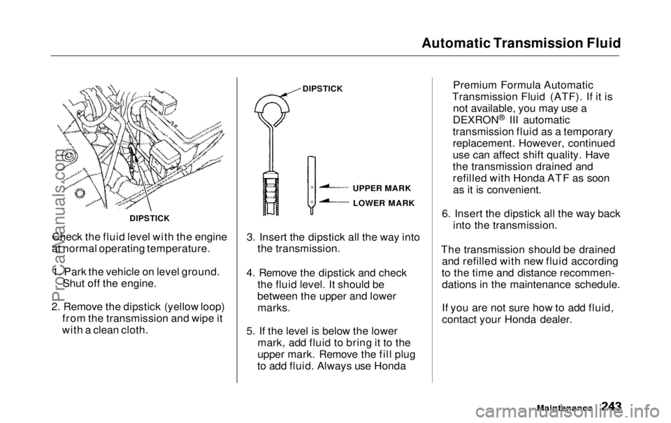 HONDA ODYSSEY 1999 Owners Manual Automatic Transmission Fluid
Check the fluid level with the engine
at normal operating temperature.
1. Park the vehicle on level ground. Shut off the engine.
2. Remove the dipstick (yellow loop) from HONDA ODYSSEY 1999 Owners Manual Automatic Transmission Fluid
Check the fluid level with the engine
at normal operating temperature.
1. Park the vehicle on level ground. Shut off the engine.
2. Remove the dipstick (yellow loop) from