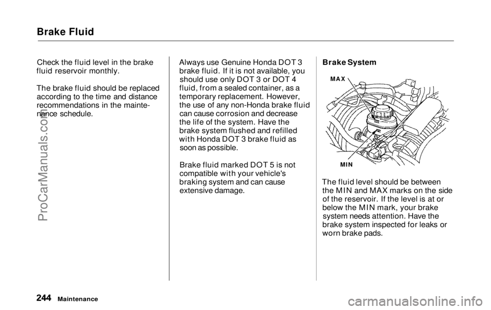 HONDA ODYSSEY 1999 Owners Manual Brake Fluid
Check the fluid level in the brake
fluid reservoir monthly.
The brake fluid should be replaced according to the time and distance
recommendations in the mainte-
nance schedule. Always use HONDA ODYSSEY 1999 Owners Manual Brake Fluid
Check the fluid level in the brake
fluid reservoir monthly.
The brake fluid should be replaced according to the time and distance
recommendations in the mainte-
nance schedule. Always use