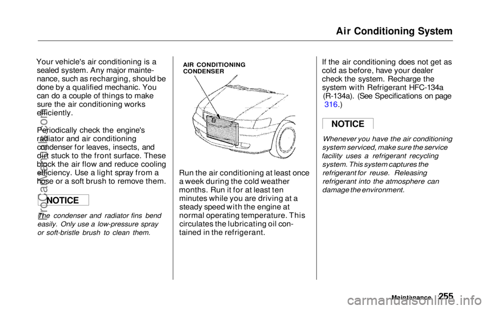HONDA ODYSSEY 1999 Owners Manual
Air Conditioning System
Your vehicle's air conditioning is a sealed system. Any major mainte-
nance, such as recharging, should be
done by a qualified mechanic. You
can do a couple of things to HONDA ODYSSEY 1999 Owners Manual
Air Conditioning System
Your vehicle's air conditioning is a sealed system. Any major mainte-
nance, such as recharging, should be
done by a qualified mechanic. You
can do a couple of things to
