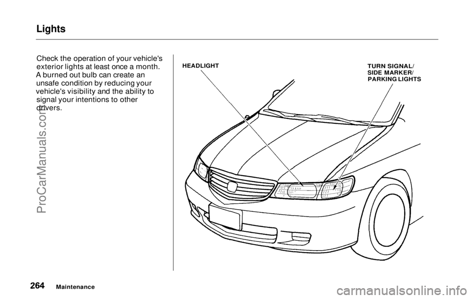 HONDA ODYSSEY 1999 Owners Manual Lights
Check the operation of your vehicle's
exterior lights at least once a month.
A burned out bulb can create an unsafe condition by reducing your
vehicle's visibility and the ability to s HONDA ODYSSEY 1999 Owners Manual Lights
Check the operation of your vehicle's
exterior lights at least once a month.
A burned out bulb can create an unsafe condition by reducing your
vehicle's visibility and the ability to s