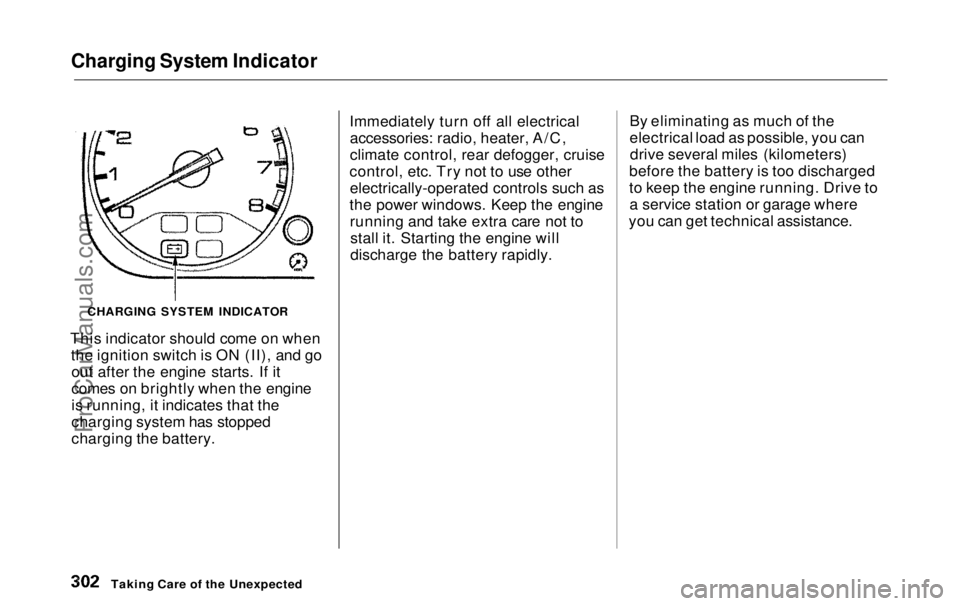 HONDA ODYSSEY 1999 Owners Manual Charging System Indicator
This indicator should come on when the ignition switch is ON (II), and goout after the engine starts. If it
comes on brightly when the engine
is running, it indicates that t HONDA ODYSSEY 1999 Owners Manual Charging System Indicator
This indicator should come on when the ignition switch is ON (II), and goout after the engine starts. If it
comes on brightly when the engine
is running, it indicates that t