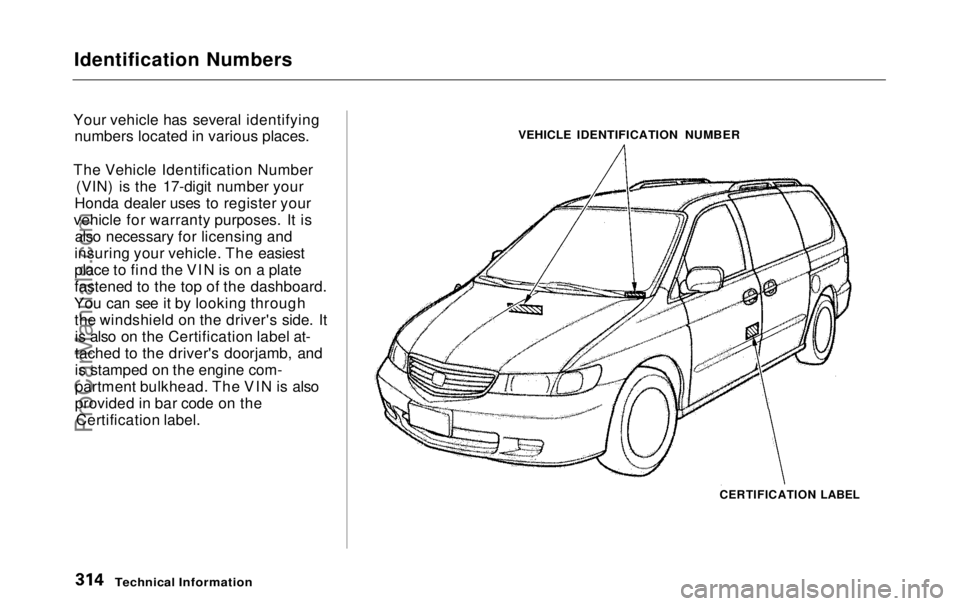 HONDA ODYSSEY 1999 Owners Manual
Identification Numbers
Your vehicle has several identifying numbers located in various places.
The Vehicle Identification Number (VIN) is the 17-digit number your
Honda dealer uses to register your
v HONDA ODYSSEY 1999 Owners Manual
Identification Numbers
Your vehicle has several identifying numbers located in various places.
The Vehicle Identification Number (VIN) is the 17-digit number your
Honda dealer uses to register your
v