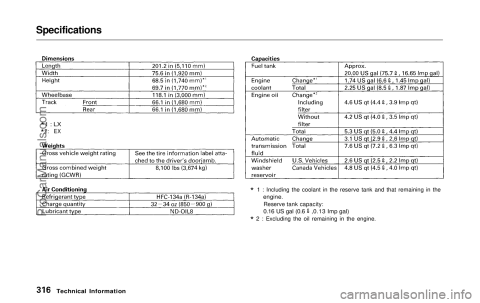 HONDA ODYSSEY 1999 Owners Manual Specifications
*
1 : Including the coolant in the reserve tank and that remaining in the
engine.
Reserve tan
k capacity:
0.16 US gal (0.6 ,0.13 Imp gal)
*
2 : Excluding the oil remaining in the HONDA ODYSSEY 1999 Owners Manual Specifications
*
1 : Including the coolant in the reserve tank and that remaining in the
engine.
Reserve tan
k capacity:
0.16 US gal (0.6 ,0.13 Imp gal)
*
2 : Excluding the oil remaining in the