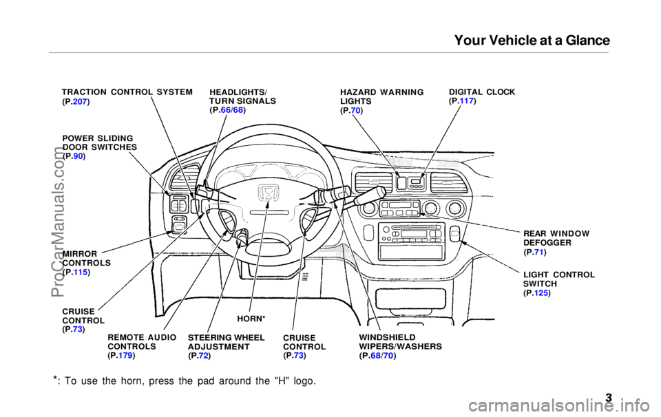 HONDA ODYSSEY 1999 Owners Manual
Your Vehicle at a Glance
*
:
To use the horn, press the pad around the "H" logo.
TRACTION CONTROL SYSTEM
(P.207) HEADLIGHTS/
TURN SIGNALS
(P.66/68)
HAZARD WARNING
LIGHTS
(P.70)
DIGITAL HONDA ODYSSEY 1999 Owners Manual
Your Vehicle at a Glance
*
:
To use the horn, press the pad around the "H" logo.
TRACTION CONTROL SYSTEM
(P.207) HEADLIGHTS/
TURN SIGNALS
(P.66/68)
HAZARD WARNING
LIGHTS
(P.70)
DIGITAL