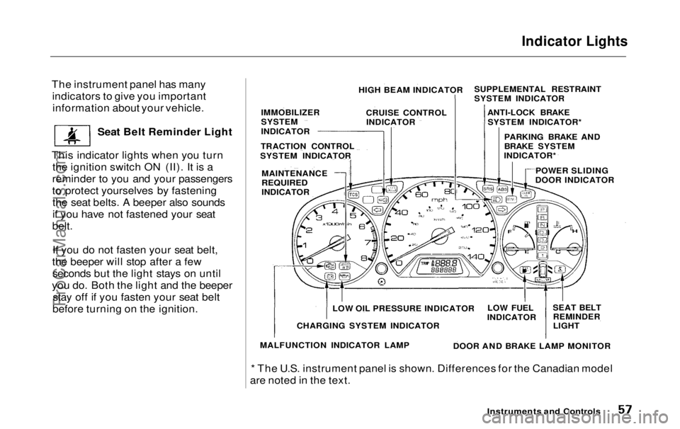 HONDA ODYSSEY 1999 Workshop Manual Indicator Lights
The instrument panel has many indicators to give you importantinformation about your vehicle.
Seat Belt Reminder Light
This indicator lights when you turn the ignition switch ON (II) HONDA ODYSSEY 1999 Workshop Manual Indicator Lights
The instrument panel has many indicators to give you importantinformation about your vehicle.
Seat Belt Reminder Light
This indicator lights when you turn the ignition switch ON (II)