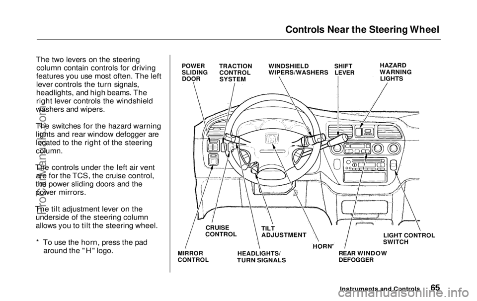 HONDA ODYSSEY 1999  Owners Manual Controls Near the Steering Wheel

The two levers on the steering column contain controls for driving
features you use most often. The left
lever controls the turn signals,
headlights, and high beams. 
