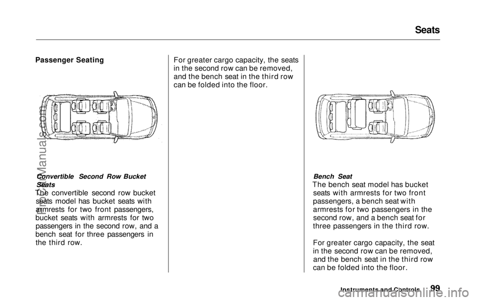 HONDA ODYSSEY 1999 Owners Manual Seats
Passenger Seating
Convertible Second Row Bucket
Seats
The convertible second row bucket seats model has bucket seats with
armrests for two front passengers,
bucket seats with armrests for two HONDA ODYSSEY 1999 Owners Manual Seats
Passenger Seating
Convertible Second Row Bucket
Seats
The convertible second row bucket seats model has bucket seats with
armrests for two front passengers,
bucket seats with armrests for two