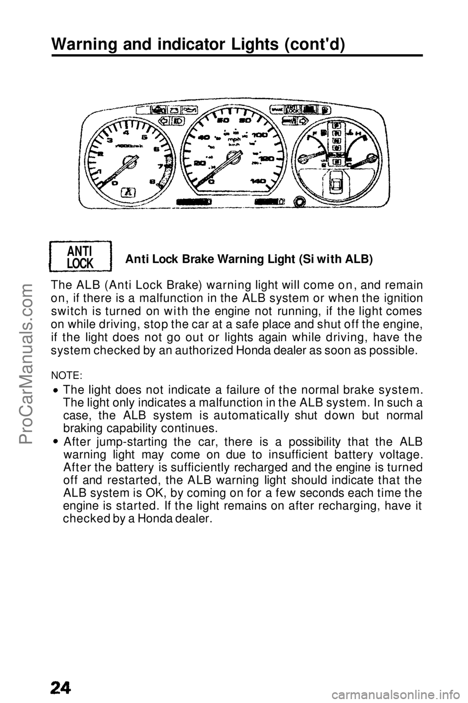 HONDA PRELUDE 1990  Owners Manual 
Warning and indicator Lights (cont'd)
Anti Lock Brake Warning Light (Si with ALB)
The ALB (Anti Lock Brake) warning light will come on, and remain
on, if there is a malfunction in the ALB system 