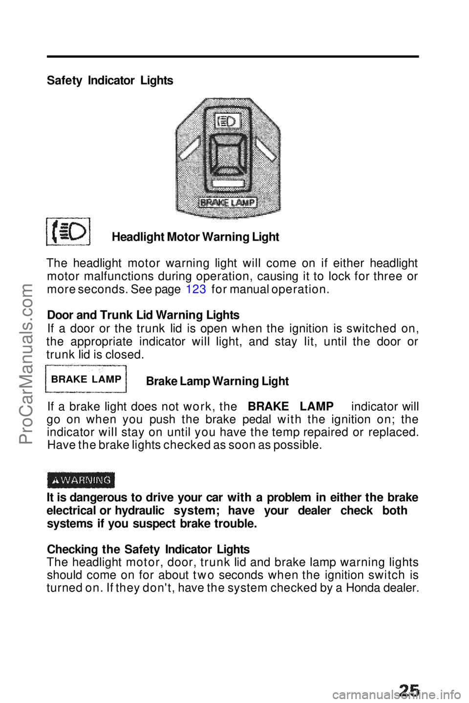 HONDA PRELUDE 1990 Owners Manual 
Safety Indicator Lights

Headlight Motor Warning Light

The headlight motor warning light will come on if either headlight motor malfunctions during operation, causing it to lock for three or
more se
