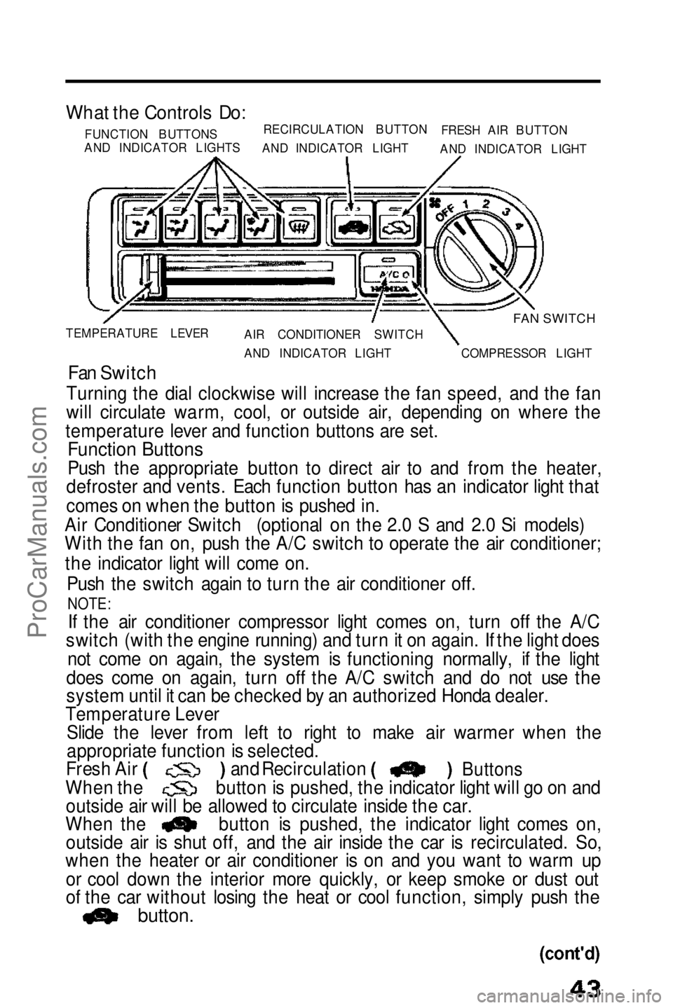 HONDA PRELUDE 1990 Service Manual 
What the Controls Do:

FUNCTION BUTTONS
AND INDICATOR LIGHTS RECIRCULATION BUTTON
AND INDICATOR LIGHT FRESH AIR BUTTON
AND INDICATOR LIGHT

FAN SWITCH

TEMPERATURE LEVER AIR CONDITIONER SWITCH
AND IN