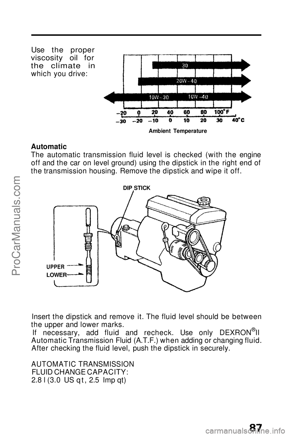 HONDA PRELUDE 1990 Owners Manual
Use the proper
viscosity oil for
the climate in
which you drive:
Ambient Temperature
Automatic
The automatic transmission fluid level is checked (with the engine off and the car on level ground) u HONDA PRELUDE 1990 Owners Manual
Use the proper
viscosity oil for
the climate in
which you drive:
Ambient Temperature
Automatic
The automatic transmission fluid level is checked (with the engine off and the car on level ground) u