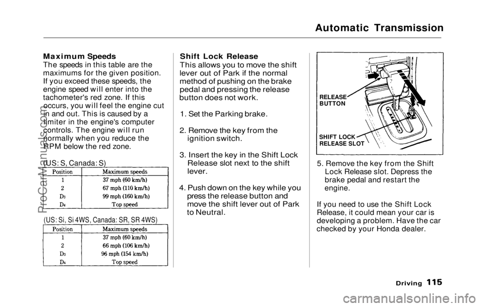 HONDA PRELUDE 1992 Owners Manual
Automatic Transmission
Maximum Speeds
The speeds in this table are the
maximums for the given position.
If you exceed these speeds, the
engine speed will enter into the
tachometer's red zone. I HONDA PRELUDE 1992 Owners Manual
Automatic Transmission
Maximum Speeds
The speeds in this table are the
maximums for the given position.
If you exceed these speeds, the
engine speed will enter into the
tachometer's red zone. I