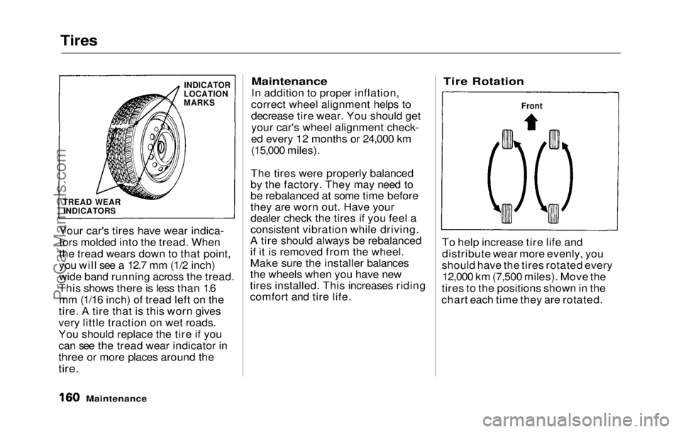 HONDA PRELUDE 1992 Owners Manual
Tires
Your car's tires have wear indica-
tors molded into the tread. When
the tread wears down to that point,
you will see a 12.7 mm (1/2 inch)
wide band running across the tread.
This shows the HONDA PRELUDE 1992 Owners Manual
Tires
Your car's tires have wear indica-
tors molded into the tread. When
the tread wears down to that point,
you will see a 12.7 mm (1/2 inch)
wide band running across the tread.
This shows the