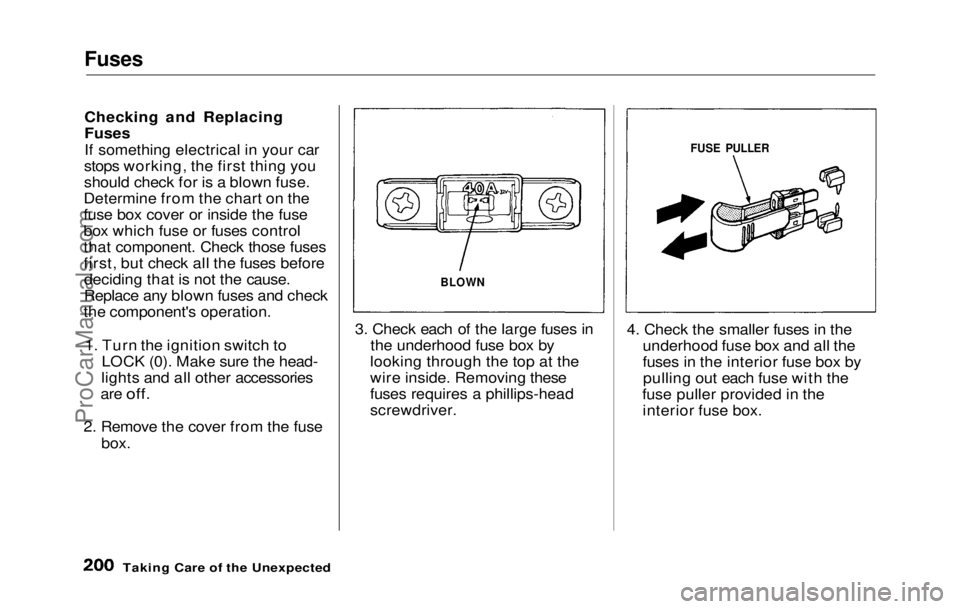 HONDA PRELUDE 1992 Owners Manual Fuses
Checking and Replacing
Fuses
If something electrical in your car
stops working, the first thing you
should check for is a blown fuse.
Determine from the chart on the
fuse box cover or inside th HONDA PRELUDE 1992 Owners Manual Fuses
Checking and Replacing
Fuses
If something electrical in your car
stops working, the first thing you
should check for is a blown fuse.
Determine from the chart on the
fuse box cover or inside th