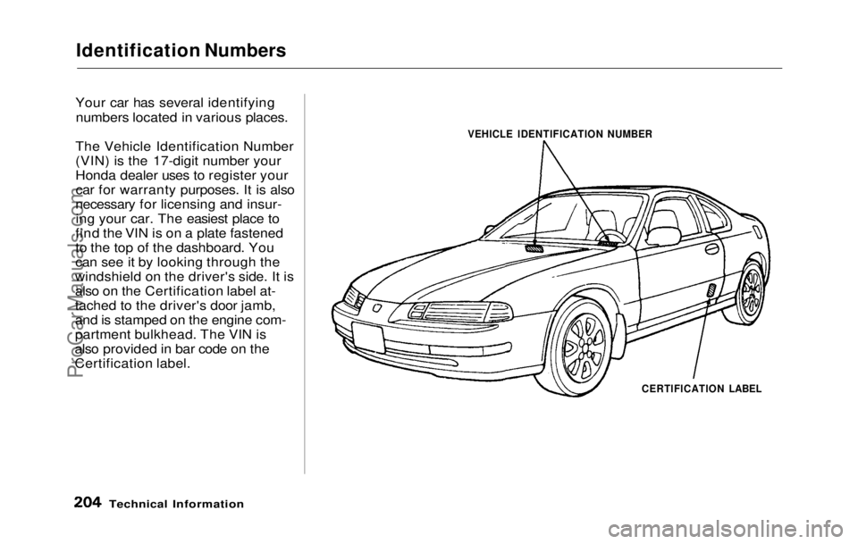 HONDA PRELUDE 1992 Owners Manual
Identification Numbers
Your car has several identifying numbers located in various places.
The Vehicle Identification Number
(VIN) is the 17-digit number your
Honda dealer uses to register your car HONDA PRELUDE 1992 Owners Manual
Identification Numbers
Your car has several identifying numbers located in various places.
The Vehicle Identification Number
(VIN) is the 17-digit number your
Honda dealer uses to register your car