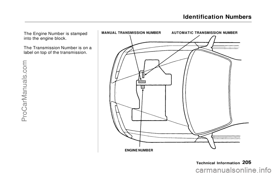 HONDA PRELUDE 1992 Owners Manual
Identification Numbers
The Engine Number is stamped
into the engine block.
The Transmission Number is on a
label on top of the transmission.
ENGINE NUMBER
Technical Information
MANUAL TRANSMISSION HONDA PRELUDE 1992 Owners Manual
Identification Numbers
The Engine Number is stamped
into the engine block.
The Transmission Number is on a
label on top of the transmission.
ENGINE NUMBER
Technical Information
MANUAL TRANSMISSION
