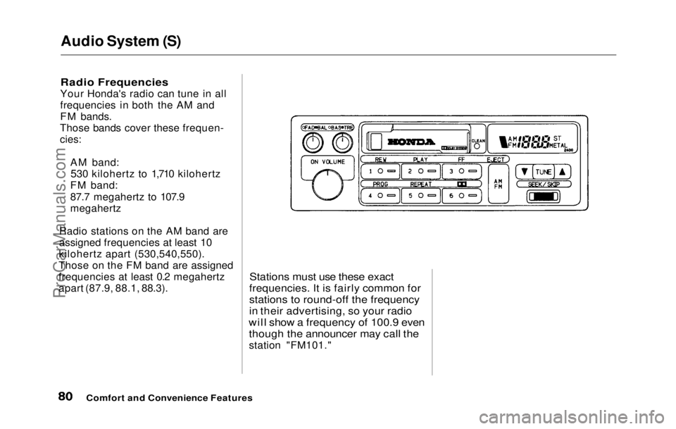 HONDA PRELUDE 1992 Manual PDF
Audio System (S)
Radio Frequencies
Your Honda's radio can tune in all
frequencies in both the AM and
FM bands.
Those bands cover these frequen-
cies:
AM band:530 kilohertz to 1,710 kilohertz
HONDA PRELUDE 1992 Manual PDF
Audio System (S)
Radio Frequencies
Your Honda's radio can tune in all
frequencies in both the AM and
FM bands.
Those bands cover these frequen-
cies:
AM band:530 kilohertz to 1,710 kilohertz