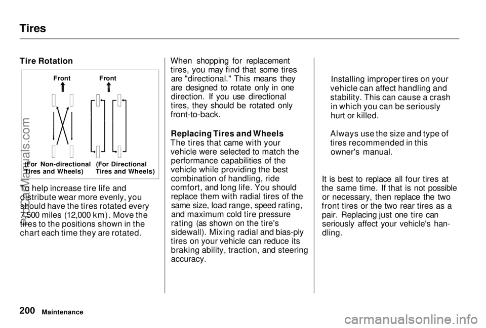 HONDA PRELUDE 1998 Owners Manual
Tires
Tire Rotation
To help increase tire life and distribute wear more evenly, you
should have the tires rotated every
7,500 miles (12,000 km). Move the
tires to the positions shown in the
chart ea HONDA PRELUDE 1998 Owners Manual
Tires
Tire Rotation
To help increase tire life and distribute wear more evenly, you
should have the tires rotated every
7,500 miles (12,000 km). Move the
tires to the positions shown in the
chart ea