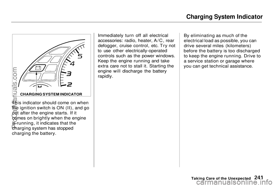 HONDA PRELUDE 1998 Owners Manual
Charging System Indicator
CHARGING SYSTEM INDICATOR
This indicator should come on when the ignition switch is ON (II), and goout after the engine starts. If it
comes on brightly when the engine
is r HONDA PRELUDE 1998 Owners Manual
Charging System Indicator
CHARGING SYSTEM INDICATOR
This indicator should come on when the ignition switch is ON (II), and goout after the engine starts. If it
comes on brightly when the engine
is r