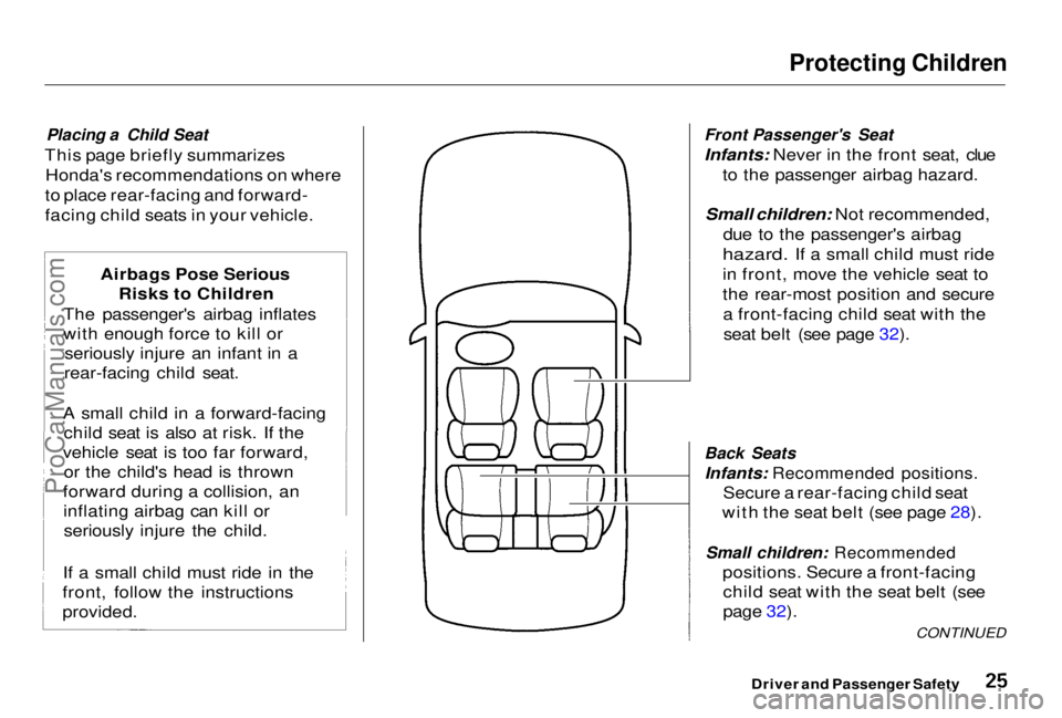 HONDA PRELUDE 1998 Owners Manual Protecting Children
Placing a Child Seat
This page briefly summarizes Honda's recommendations on where
to place rear-facing and forward-
facing child seats in your vehicle.
Front Passenger' HONDA PRELUDE 1998 Owners Manual Protecting Children
Placing a Child Seat
This page briefly summarizes Honda's recommendations on where
to place rear-facing and forward-
facing child seats in your vehicle.
Front Passenger'