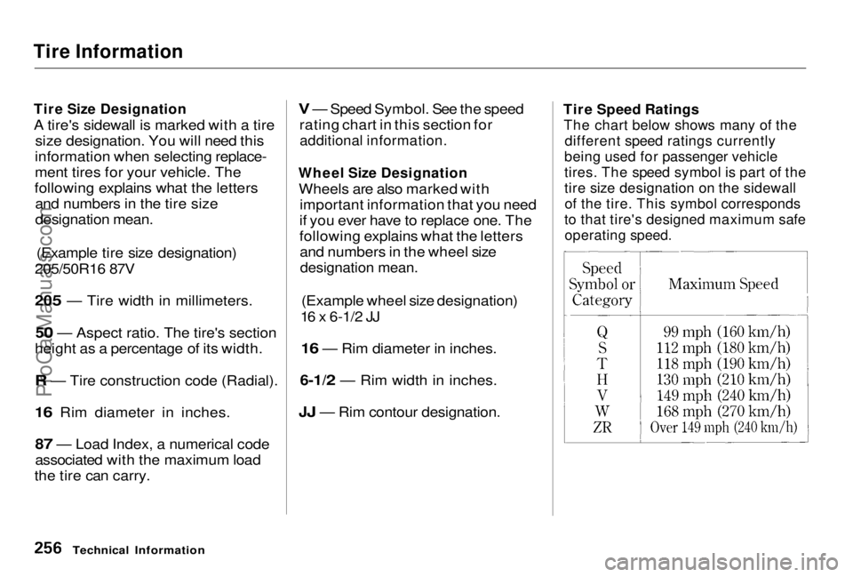 HONDA PRELUDE 1998 Owners Manual Tire Information
Tire Size Designation
A tire's sidewall is marked with a tire size designation. You will need this
information when selecting replace-
ment tires for your vehicle. The
following HONDA PRELUDE 1998 Owners Manual Tire Information
Tire Size Designation
A tire's sidewall is marked with a tire size designation. You will need this
information when selecting replace-
ment tires for your vehicle. The
following