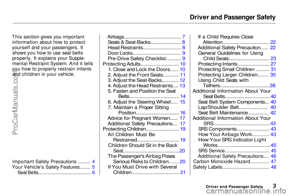 HONDA PRELUDE 1998  Owners Manual Driver and Passenger Safety
This section gives you important information about how to protect
yourself and your passengers. It shows you how to use seat belts
properly. It explains your Supple- mental