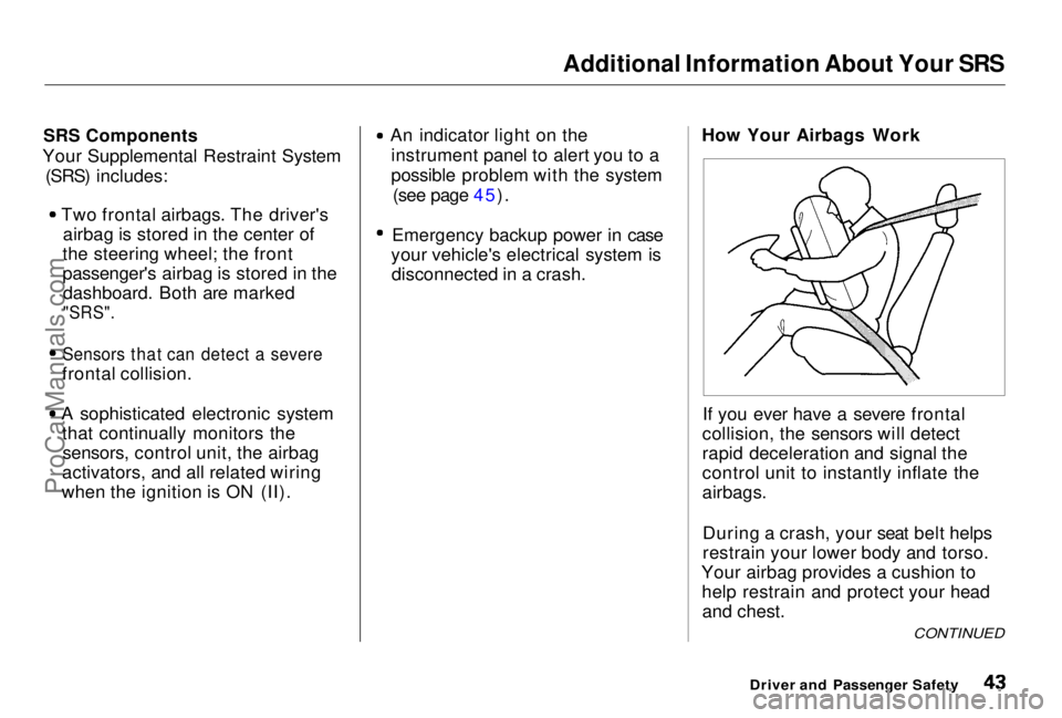 HONDA PRELUDE 1998 Service Manual Additional Information About Your SRS
SRS Components
Your Supplemental Restraint System (SRS) includes:
Two frontal airbags. The driver'sairbag is stored in the center of
the steering wheel; the HONDA PRELUDE 1998 Service Manual Additional Information About Your SRS
SRS Components
Your Supplemental Restraint System (SRS) includes:
Two frontal airbags. The driver'sairbag is stored in the center of
the steering wheel; the
