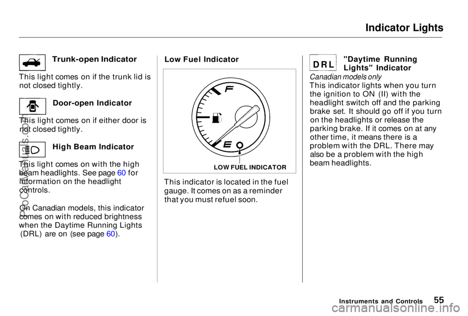 HONDA PRELUDE 1998  Owners Manual Indicator Lights

Trunk-open Indicator

This light comes on if the trunk lid is not closed tightly.
Door-open Indicator
This light comes on if either door is not closed tightly.
High Beam Indicator
Th