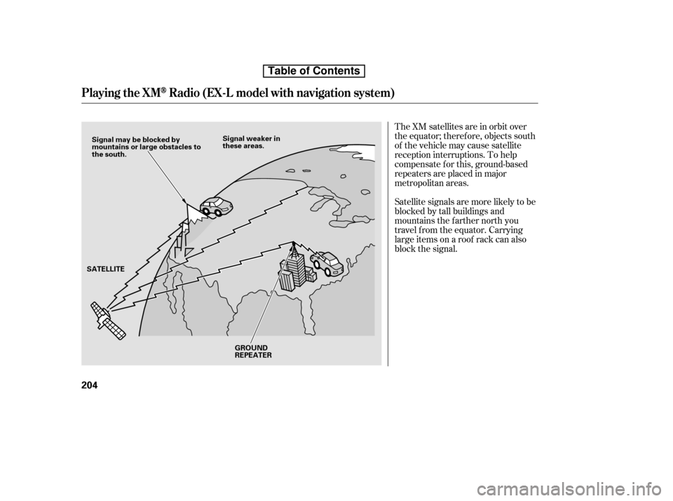 HONDA CR-V 2010 RD1-RD5, RE7 / 3.G Owners Manual The XM satellites are in orbit over 
the equator; therefore, objects south
of the vehicle may cause satellite
reception interruptions. To help
compensate f or this, ground-based
repeaters are placed i