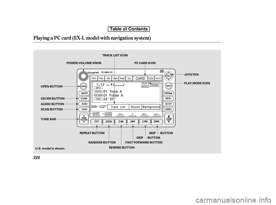 HONDA CR-V 2010 RD1-RD5, RE7 / 3.G Repair Manual µ´
Playing a PC card (EX-L model with navigation system)
222
TRACK LIST ICON
PC CARD ICON
FAST FORWARD BUTTON
RANDOM BUTTON JOYSTICK 
PLAY MODE ICON
U.S. model is shown. SKIP BUTTON
REPEAT BUTTON 