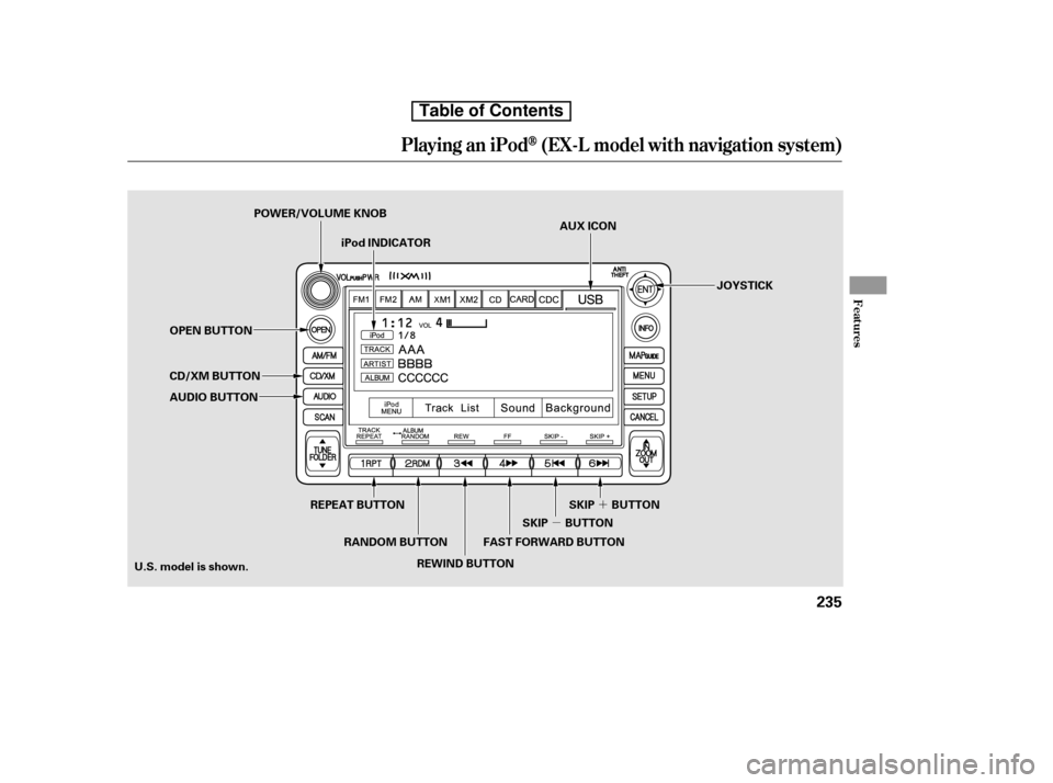HONDA CR-V 2010 RD1-RD5, RE7 / 3.G Manual PDF ´
µ
Playing an iPod(EX-L model with navigation system)
Features
235
SKIP BUTTON
FAST FORWARD BUTTON
REWIND BUTTON
RANDOM BUTTON JOYSTICK
U.S. model is shown. AUX ICON
SKIP BUTTON
REPEAT BUTTON
POW
