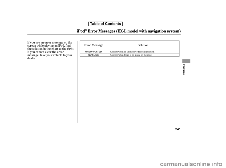 HONDA CR-V 2010 RD1-RD5, RE7 / 3.G Owners Manual Error Message
If you see an error message on the 
screen while playing an iPod, f ind
thesolutioninthecharttotheright.
If you cannot clear the error
message, take your vehicle to your
dealer. Solution