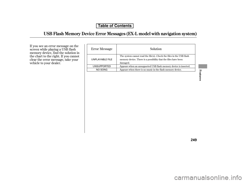 HONDA CR-V 2010 RD1-RD5, RE7 / 3.G Owners Manual If you see an error message on the 
screen while playing a USB f lash
memory device, f ind the solution in
the chart to the right. If you cannot
clear the error message, take your
vehicle to your deal