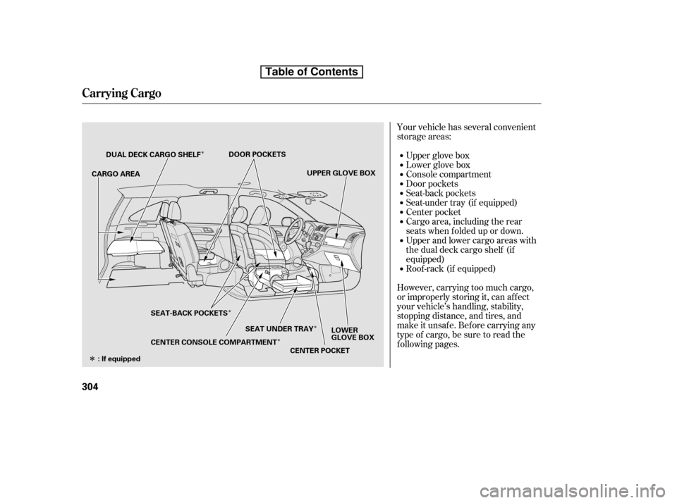 HONDA CR-V 2010 RD1-RD5, RE7 / 3.G Owners Manual Î
ÎÎ ÎÎ
Your vehicle has several convenient 
storage areas:
Lower glove box
Upper glove box 
Console compartment 
Door pockets
Seat-back pockets
Seat-under tray (if equipped)
Center pocket
C