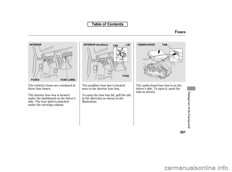 HONDA CR-V 2010 RD1-RD5, RE7 / 3.G Owners Manual The interior f use box is located 
under the dashboard on the driver’s
side. The f use label is attached
under the steering column.The under-hood f use box is on the
driver’s side. To open it, pus