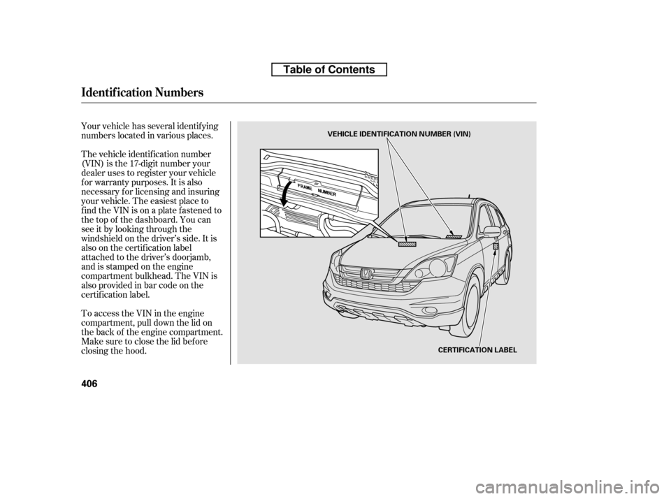 HONDA CR-V 2010 RD1-RD5, RE7 / 3.G Owners Manual Your vehicle has several identif ying 
numbers located in various places. 
The vehicle identif ication number 
(VIN) is the 17-digit number your
dealer uses to register your vehicle
f or warranty purp