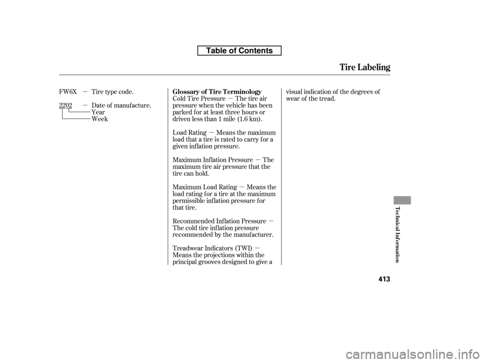HONDA CR-V 2010 RD1-RD5, RE7 / 3.G Owners Manual µ
µ µ
µ
µ
µ
µ µ
Tire type code.
Date of manufacture. 
Year
Week Cold Tire Pressure The tire air
pressure when the vehicle has been
parked f or at least three hours or
driven less than 